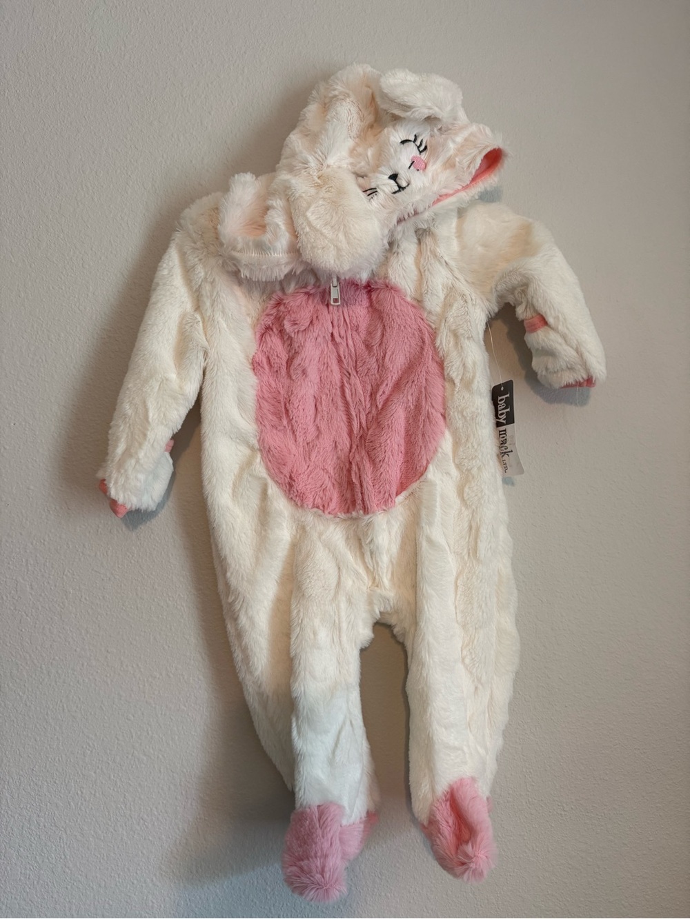 Baby Bunny Plush Hooded One-Piece Romper - Cream with Pink